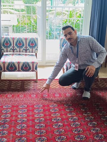 With the guidance of MF Hasan and our artisans, we breathe new life into all hand-knotted carpets. Check out our meticulous restoration of this palace-sized Bukhara carpet, returned to its original beauty!