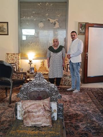 Former Cabinet Minister ( RAAJ MATA CHANDRESH KUMARI Ji ) ( Left )Herbal Wash & Restoration Of This Magnificent Palace-Sized Carpet. M.F. HASAN ( RIGHT ) 