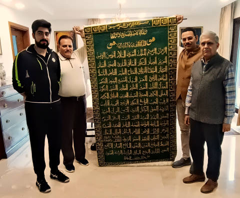 Arabic Calligraphy Hand-Knotted Carpet RestorationRestored by Royal Carpet RestorationsThis exquisite carpet was presented in the presence of Former Chief Justice, Jammu & Kashmir&nbsp;JUSTICE BADAR DURREZ AHMED & SON HONORABLE ZULNOOR AHMED SAHABalongside our Curator(M.F.HASAN , showcasing exceptional craftsmanship and the preservation of heritage.